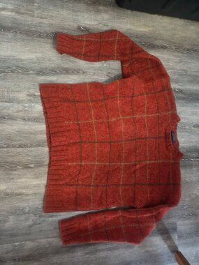 Tommy Hilfiger Sweater Mens XL Rust Plaid Crewneck 100% Wool Shetland Cozy